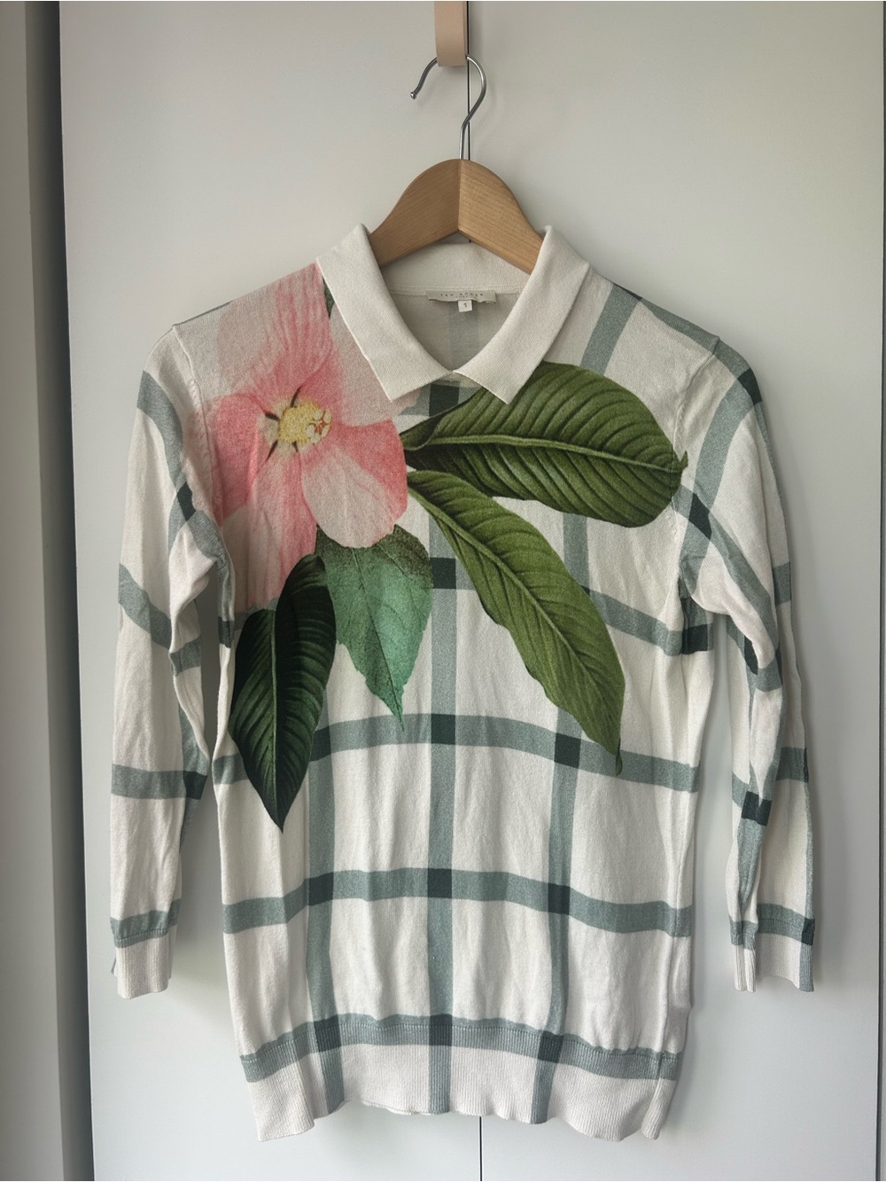 Ted Baker White Plaid Polo Top with Pink Floral and Green Leaves